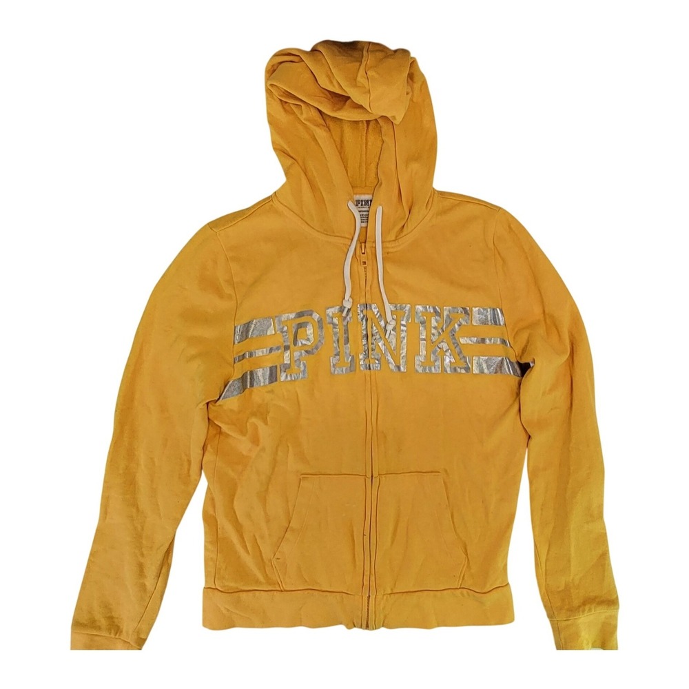 Victoria's‎ Secret PINK Yellow Zip Up Hoodie Metallic Logo Pocket Size Small